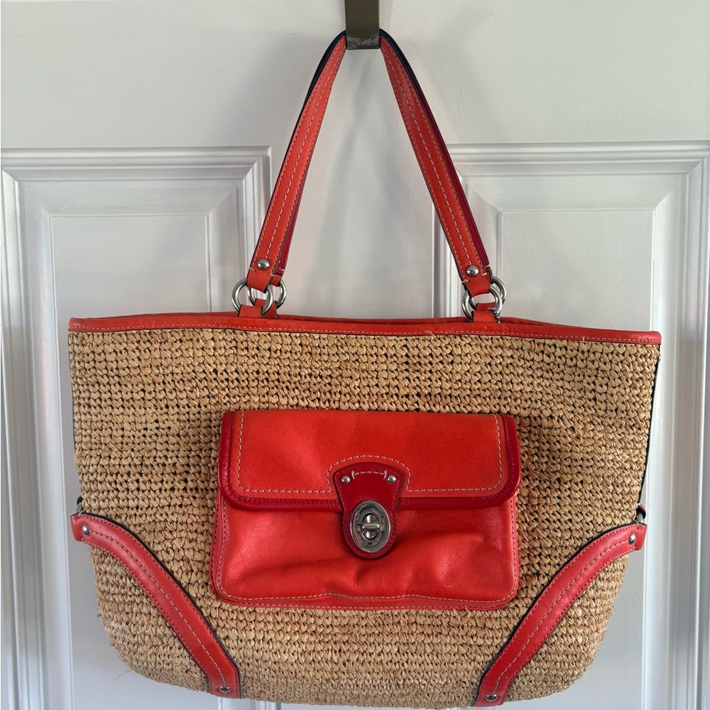 Coach Straw & Leather Front Pocket Tote